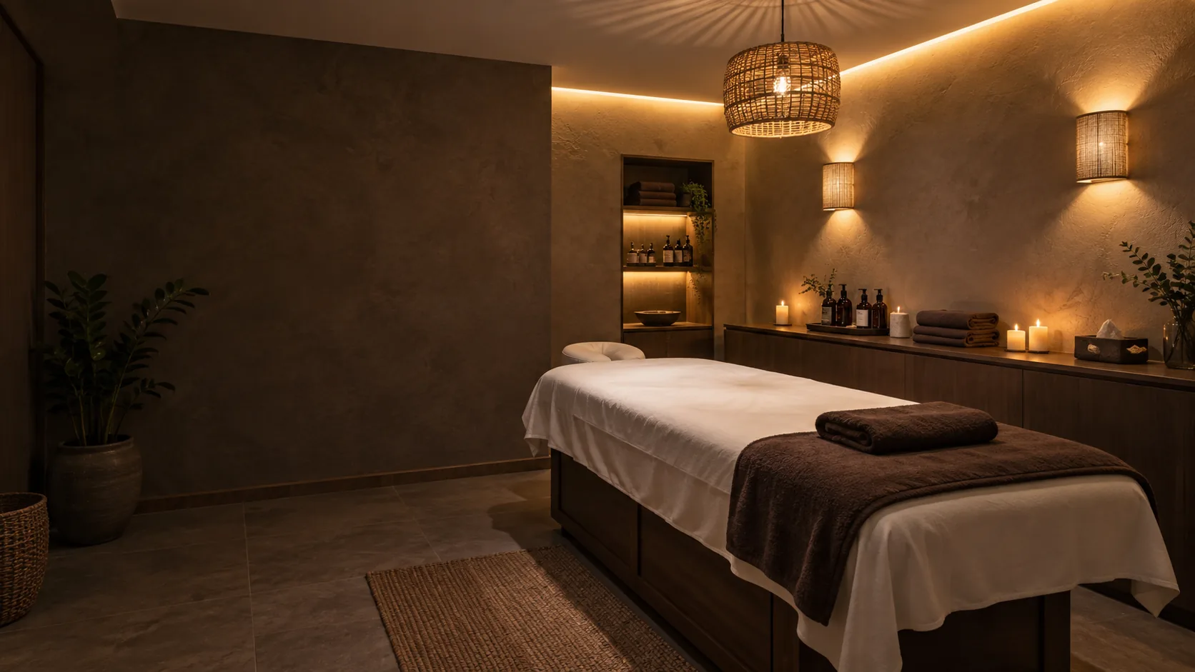 Malé masážní studio s lehátkem, lampami a svíčkami